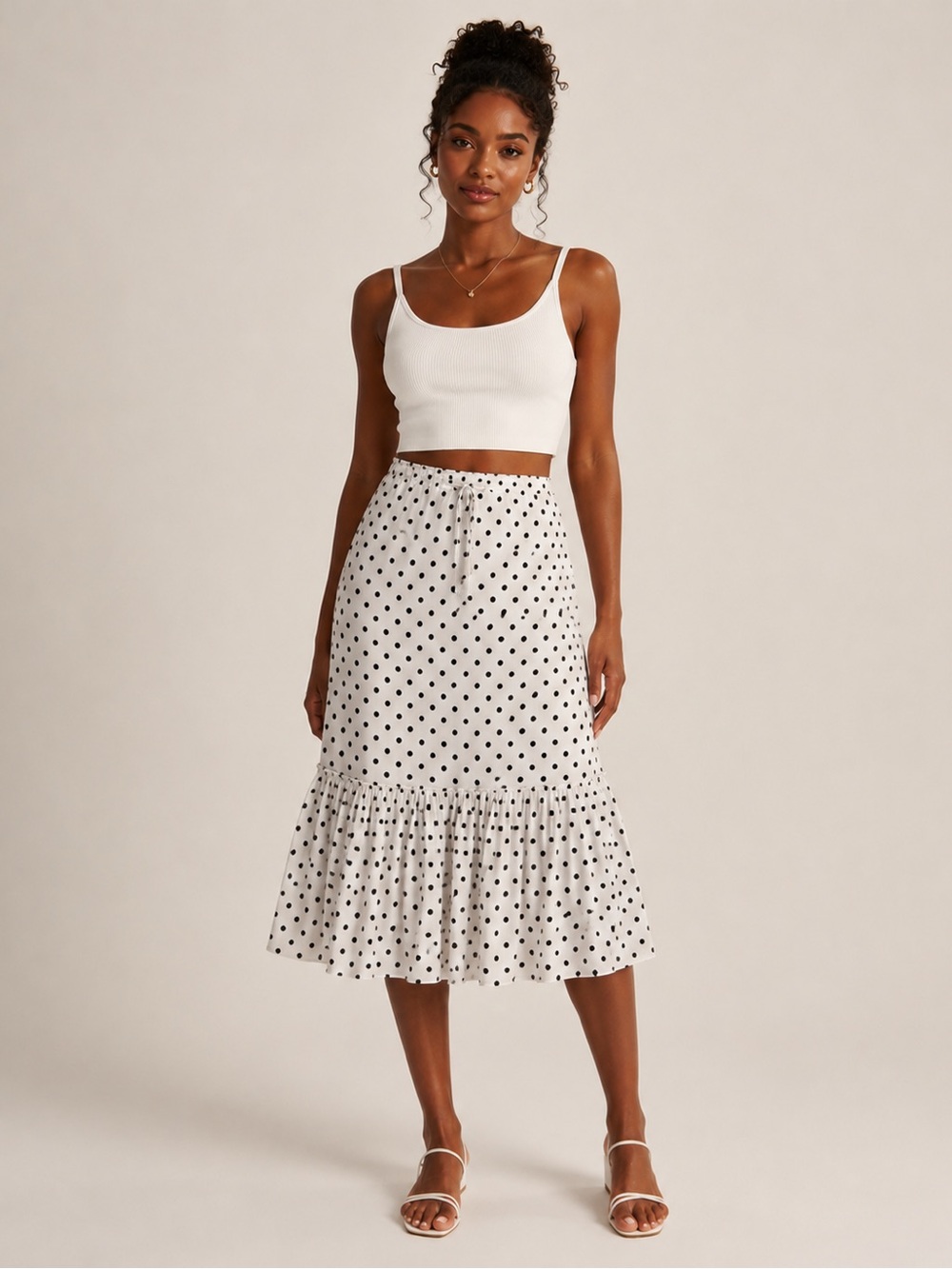 Polka Dot Midi Skirt with Ruffle Hem - White/Black